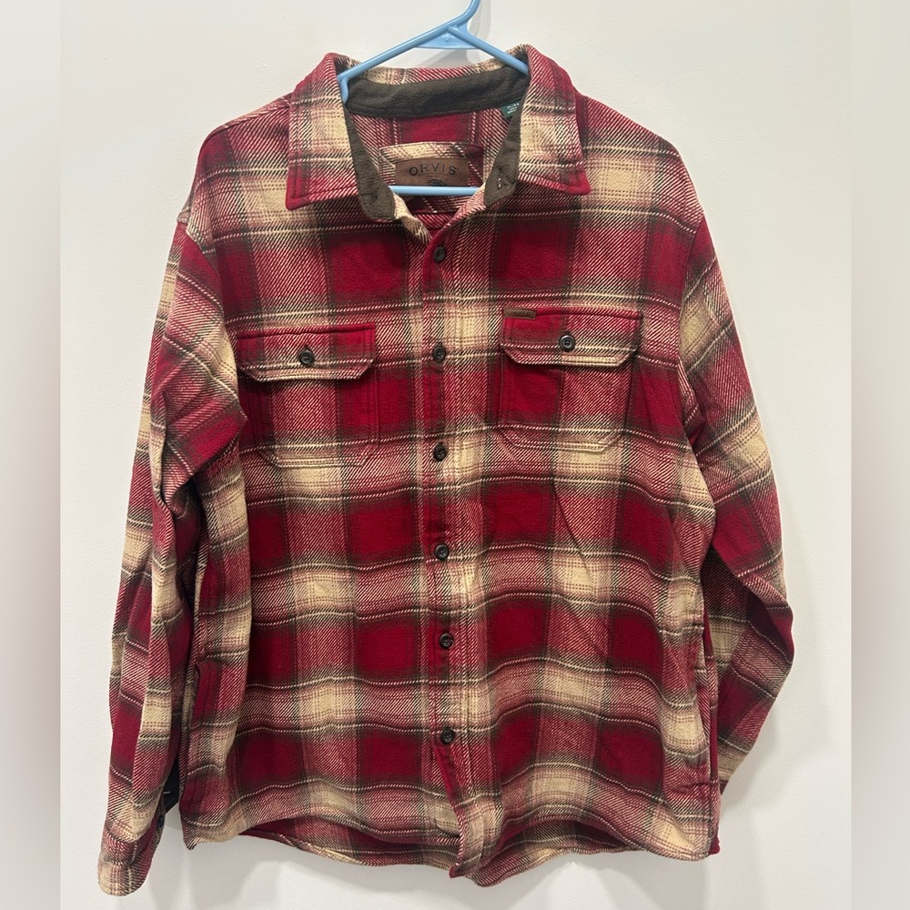Orvis Flannel Shirt Mens XL Red Plaid Big Bear Heavy Hand Warmer Pockets 1312517